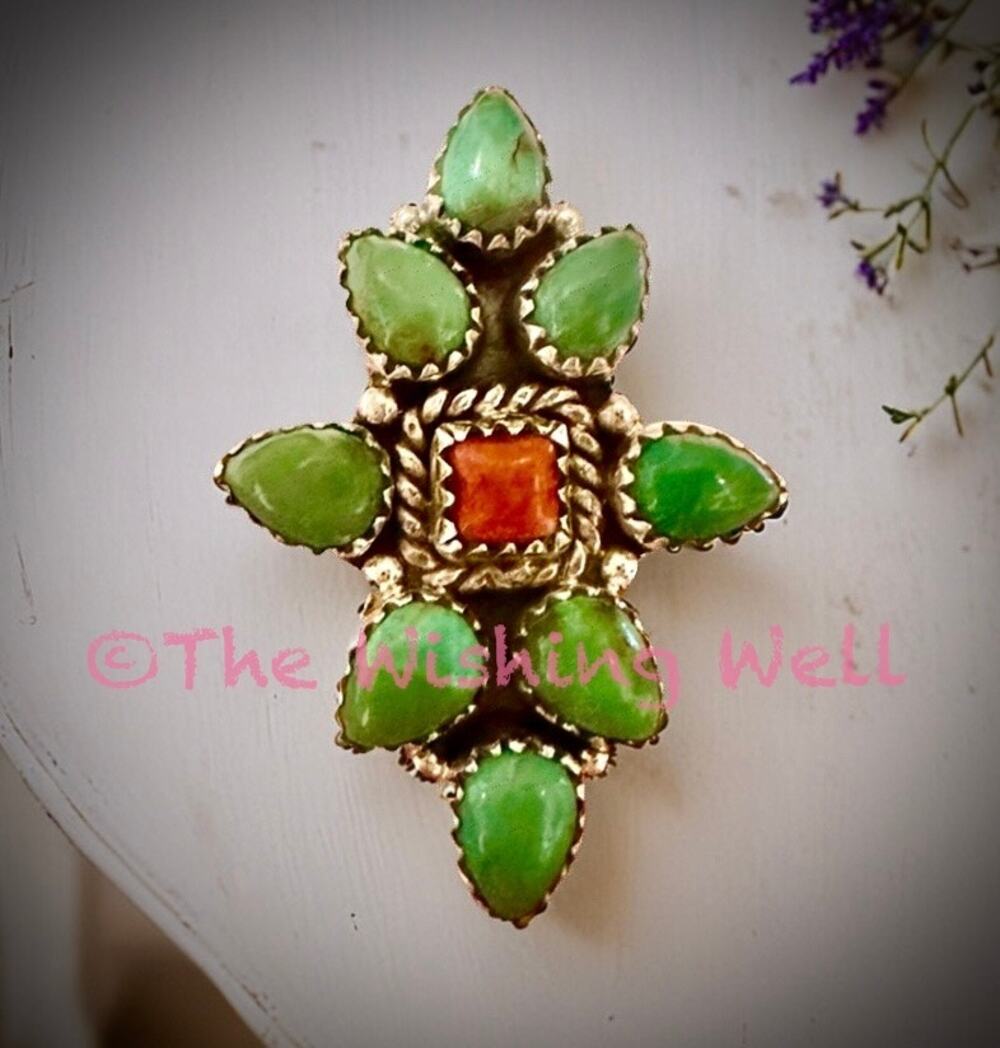 Green Kingman Turquoise &. Coral Cluster Ring Sterling Silver Adjustable 5-10